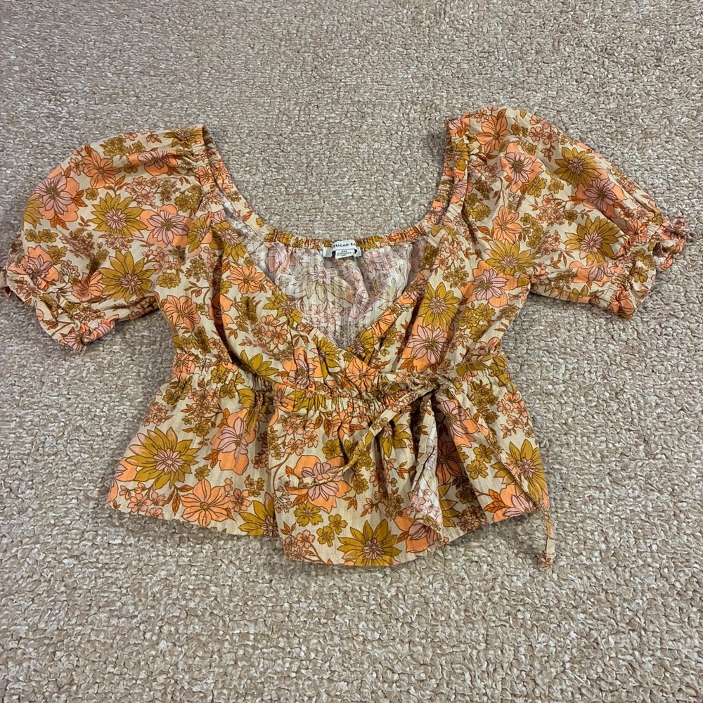 American Eagle Floral Milkmaid Crop Top Puff Sleeve Cottagecore XXS Boho